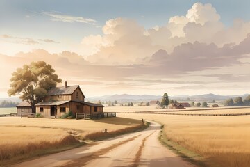 Rustic Farm oil panting: Focusing on a desolate rural landscape, exploring simplicity and old-world farms. Generative Ai.