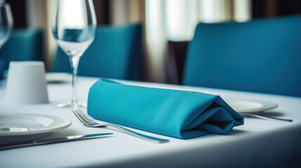 Close up shot of dining set, restaurant dining, blue color scheme - obrazy, fototapety, plakaty
