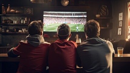 Rear view of 3 men showing joy Watch football on TV in the sports bar - obrazy, fototapety, plakaty
