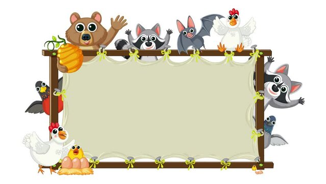 Wild animals cartoon characters greet on a canvas blank frame.