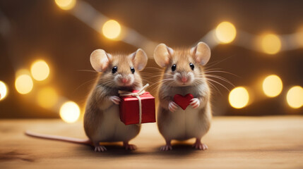 Tiny cute mouse couple holding Christmas presents, golden fairy lights background