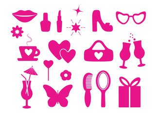 Popular pink collection for girls. heart, daisy, shoe, butterfly, star. logo, sticker, isolated elements on a white background. for print, banner, postcard. art vector illustration. barbie style