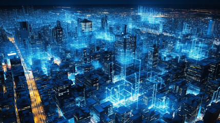 Nocturnal Technoscape, Night City Skyline Illuminated with Global Data Science, Network Connectivity Background Wallpaper