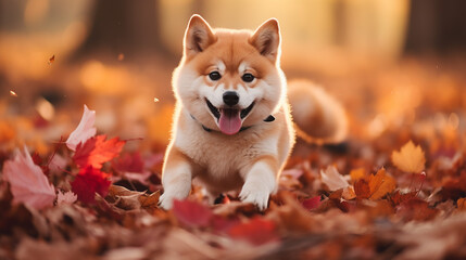 A cute young beige Shiba Inu dog running among the fallen red leaves against the backdrop of a foggy autumn landscape. Fluffy tail. Pink nose. White dog. The mouse is open. Made with generative ai