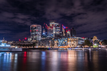 City of London at night. Skyscrapers on the River Thames, England