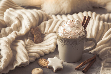 Gray cup of coffee or hot chocolate with cream, cinnamon and christmas cookies