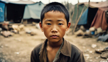Asian child living in poverty, migrant or refugee camp with tents  ai generated image - obrazy, fototapety, plakaty