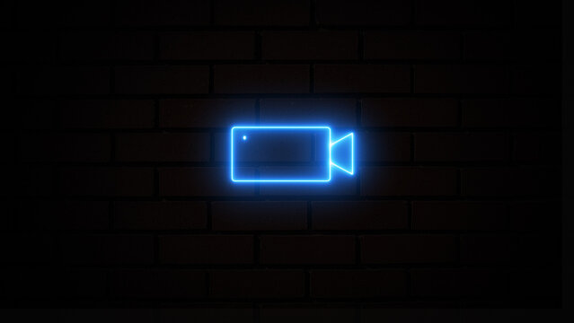 Blue neon video record icon. Illustration: a neon-glowing record sign. An attention label glows on the brick wall's background - Powered by Adobe