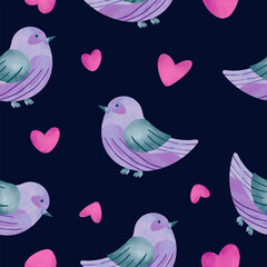 seamless pattern of cute bird and love ornament illustration on dark background color