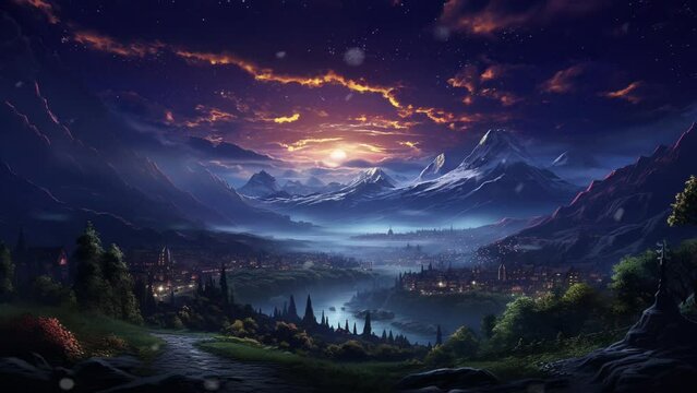 Beautiful nature night Sky above mountain and hills with village view. Cartoon or anime illustration style