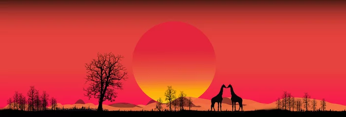 Tuinposter Amazing sunset and sunrise.Panorama silhouette tree in africa with sunset.Tree silhouetted against a setting sun.Dark tree on open field dramatic sunrise.Safari. © Mohwet