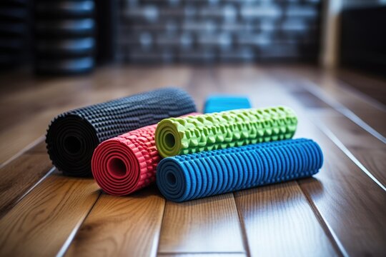 selection of textured foam rollers on a wooden floor