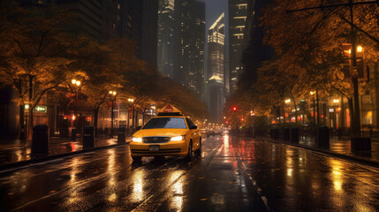 A taxi through the city streets on a quiet autumn night
