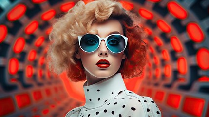 Retro - Futuristic Fashion Girl on Pop Art Background Photo Background