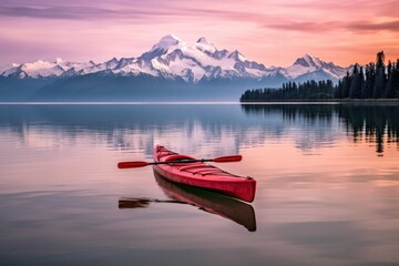kayak on a placid lake with mountains in the background