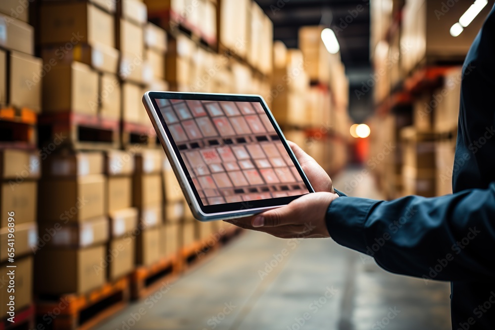 Aufkleber logistics manager with laptop computer while standing next to a storage shelf in a modern warehouse,
