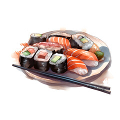 Watercolor Sushi food illustration. Watercolor Hand Painted Illustration. Realistic and Exquisite Culinary Art - 654196804