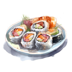Watercolor Sushi food illustration. Watercolor Hand Painted Illustration. Realistic and Exquisite Culinary Art - 654196814