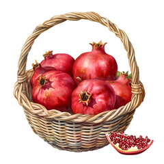 Illustration of pomegranate fruit in basket. Watercolor art.  - 654196820