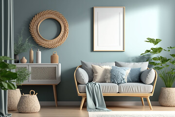 Stylish Design of Interior Living Room, Armchair with Pillows near Blue Wall, using Generative Ai