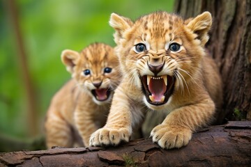 a baby cub imitates its lioness mothers roar