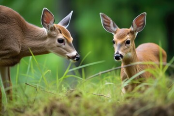 Fototapeta premium doe showing fawn how to find the sweetest grass