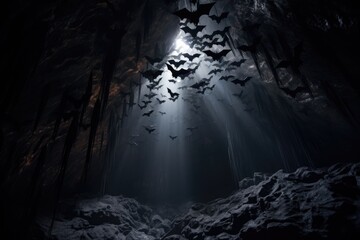 colony of bats hanging together in a cave - obrazy, fototapety, plakaty