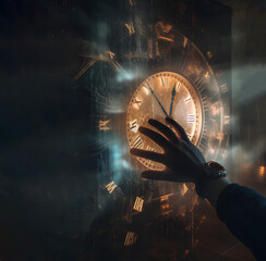 Hand ka Concept of time, through time to the future.... - obrazy, fototapety, plakaty