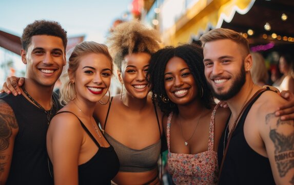 Smiling portrait of a diverse group of young friends in a music festival. Generative AI
