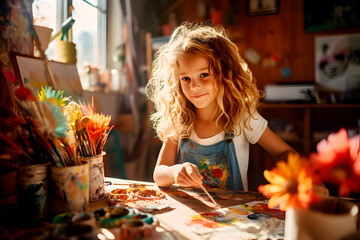 Retrato de preciosa niña pintando con pinceles y acuarelas en casa. Actividades artísticas.Proyecto de arte infantil - obrazy, fototapety, plakaty