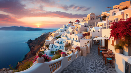 Santorini, Greece. Panoramic view of the picturesque village of Oia at sunset. - obrazy, fototapety, plakaty