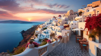 Foto op Plexiglas Santorini, Greece. Panoramic view of the picturesque village of Oia at sunset. © AS Photo Family