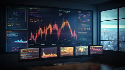 A detailed LED display showing financial data with daily market prices, price quote charts, and candle tracking, illustrating the complexity of modern trading.