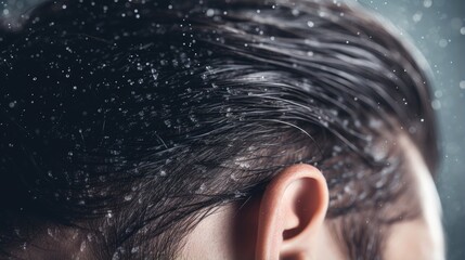 An up-close look at a man's hair and dandruff problem, illustrating the importance of dermatological care. - obrazy, fototapety, plakaty