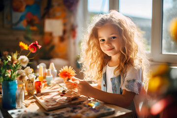Retrato de preciosa niña haciendo manualidades y actividades artísticas en casa. Proyecto de arte infantil. - obrazy, fototapety, plakaty