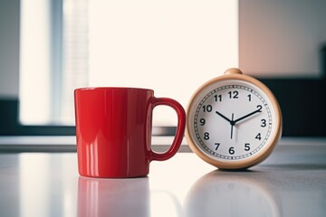 red timer on a clean, light-colored workspace with a coffee mug