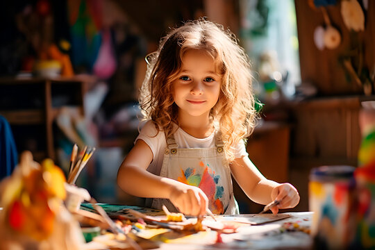 Preciosa ni&ntilde;a haciendo actividades art&iacute;sticas con pinturas y pincel en casa.Proyecto de arte infantil.