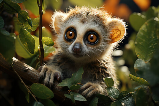 The ethereal saucer-eyed slow loris, found in the dense forests of Southeast Asia. Concept of wildlife conservation. Generative Ai.