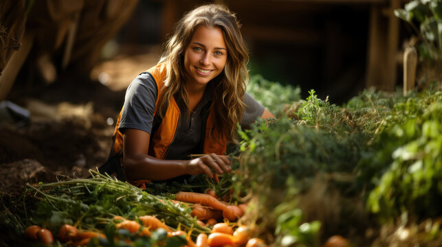 Portrait of smiling young woman picking fresh carrots in her vegetable garden.