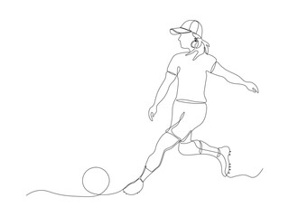one continuous drawn line of female football player, hand drawn. Linear art. Women's soccer