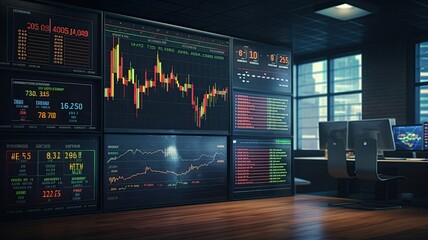 A detailed LED display showing financial data with daily market prices, price quote charts, and candle tracking, illustrating the complexity of modern trading.