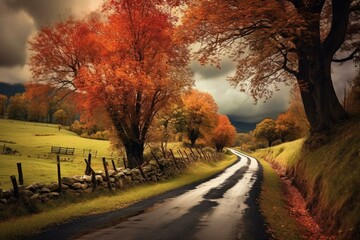 Naklejka na ściany i meble Romantic autumn scene: trees and clouds adorn a vibrant road. Generative AI