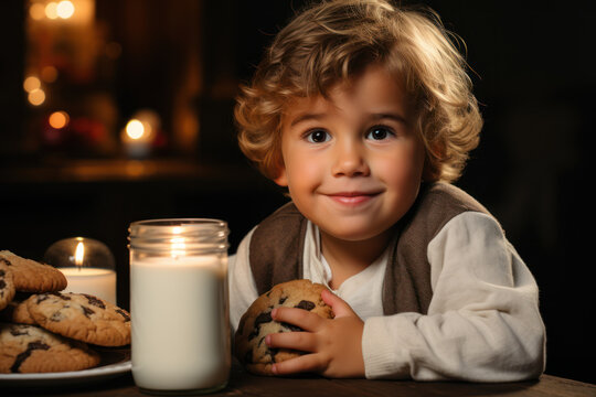 A Child Leaving Out Milk And Cookies By The Fireplace For Santa On Christmas Eve. Generative Ai.