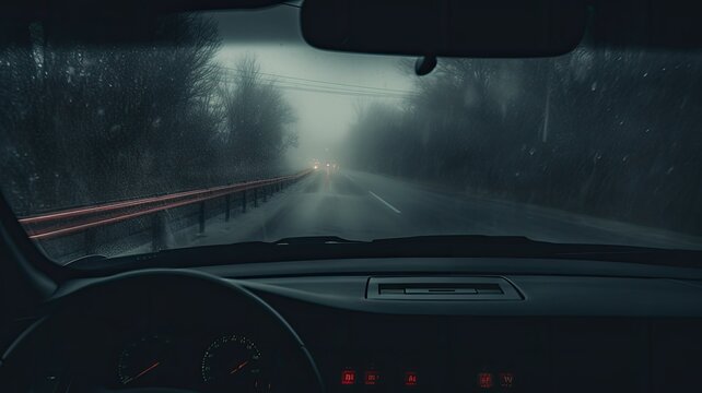 A car's windshield view while driving on a foggy, rainy, and slushy highway during a cold winter morning with poor visibility.