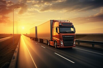 Cargo truck on highway at sunrise/sunset carrying international shipments. Generative AI - obrazy, fototapety, plakaty