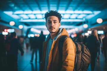 Crowded airport tourist portrait. Business flight. Generate Ai