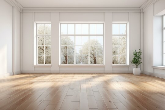 Renovated room with white walls, wooden floor, and windows. Generative AI