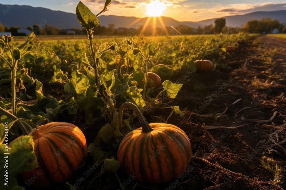 Wall mural sunlight casting shadows on pumpkins in a field