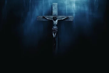 Fotobehang wood jesus cross, dark black blue horror night background, scary haunted thriller theme, good friday, Generative AI © Lumina Frame