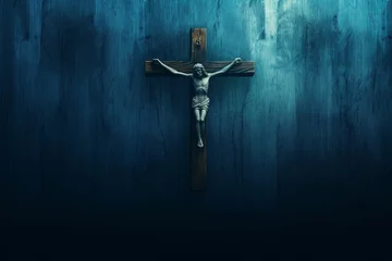 Fotobehang wood jesus cross, dark black blue horror night background, scary haunted thriller theme, good friday, Generative AI © Lumina Frame